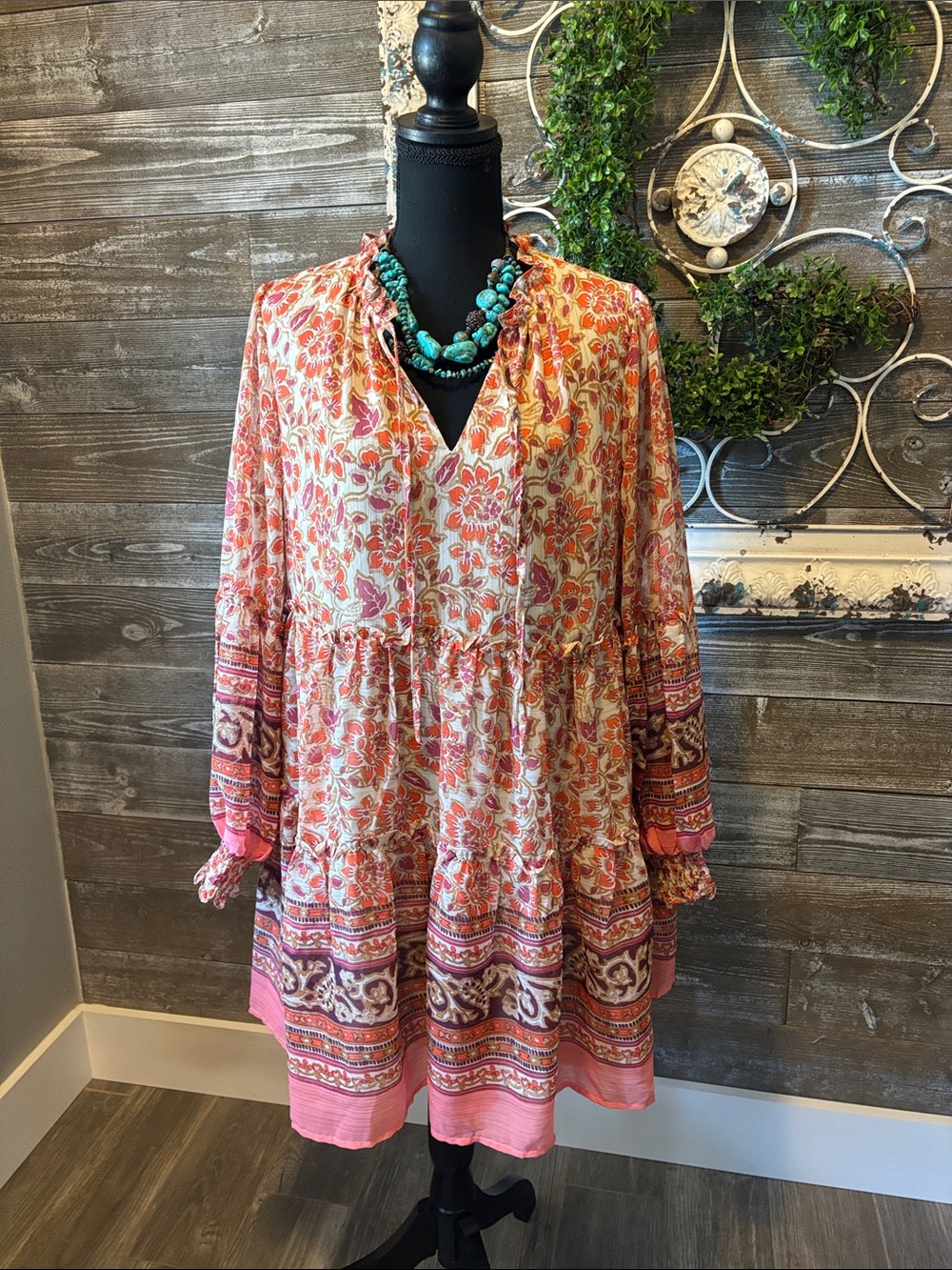 Fate NWT (Size M) Women’s Floral Boho Tunic Dress in Coral Pink